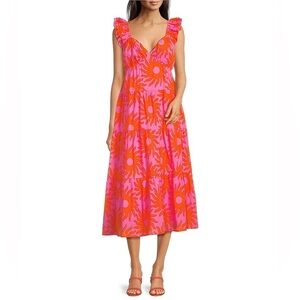 NWT J.Marie Mara Floral V-Neck Ruffle Sleeve Midi A-Line Dress Sz L